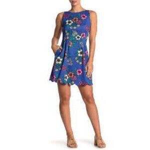 Vince Camuto Blue Floral Sleeveless A-line Knee Length Scalloped Dress Size 4